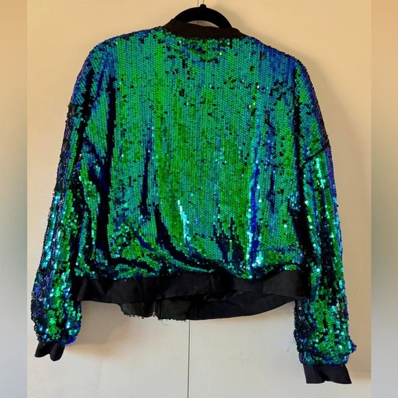 Green and Blue Sequin Mermaid Bomber Jacket - Picture 2 of 7